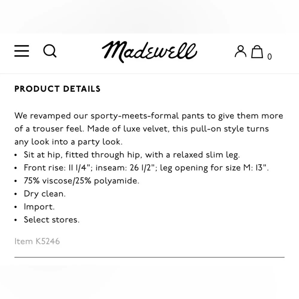 MADEWELL NWOT Track‎ Trousers in Velvet - Picture 12 of 12